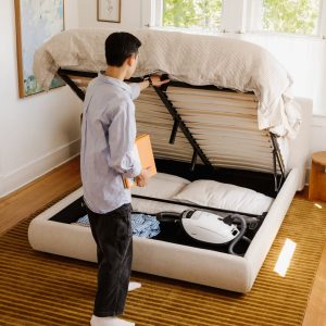 dream storage bed, queen, latte