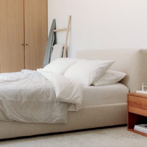 Home dream storage bed, queen, cream boucle