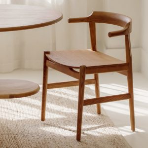 tuck in dining chair, wood seat, stained oak